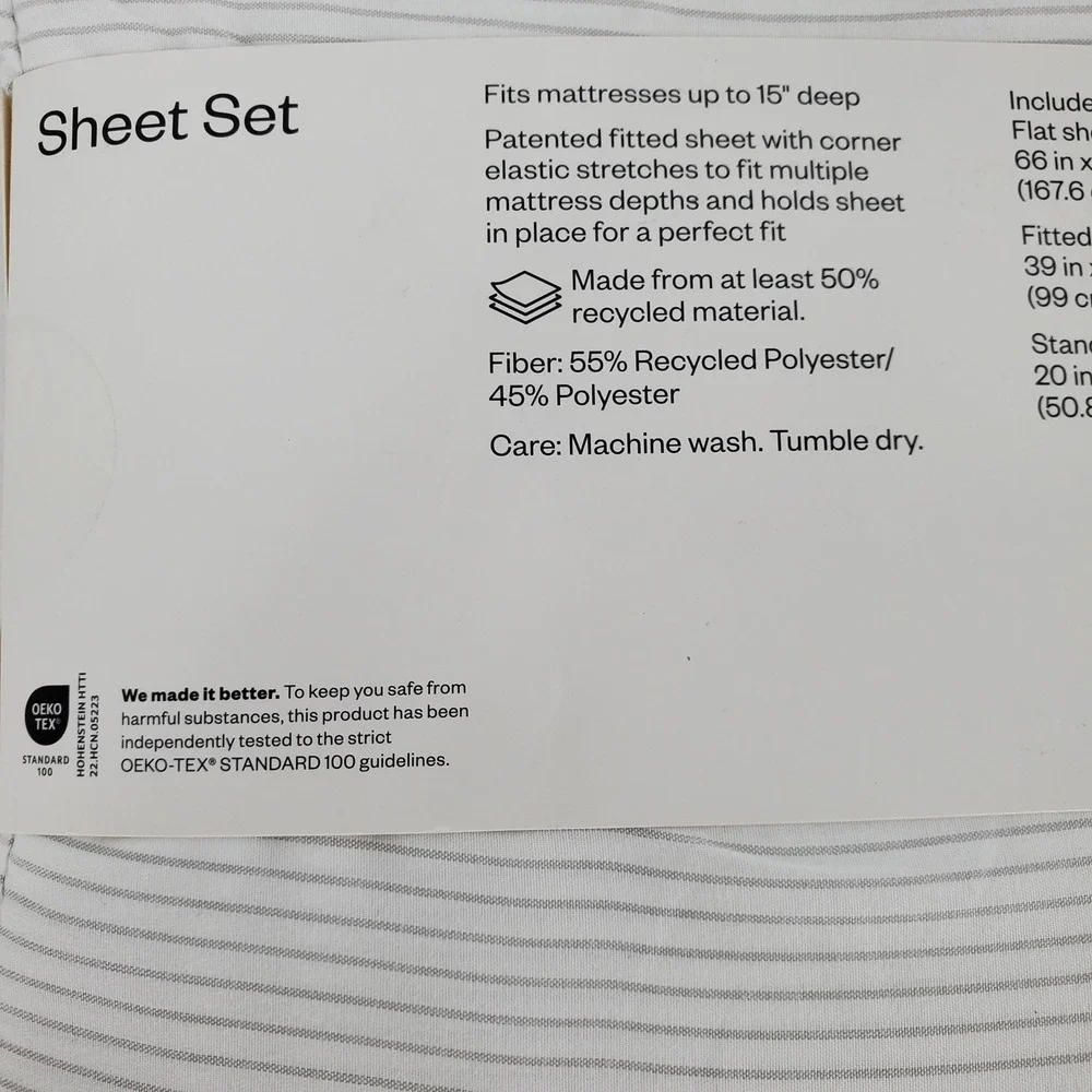 Room Essentials Twin XL Gray Stripe Microfiber‎ Sheet Set 3pc Wrinkle Resistant